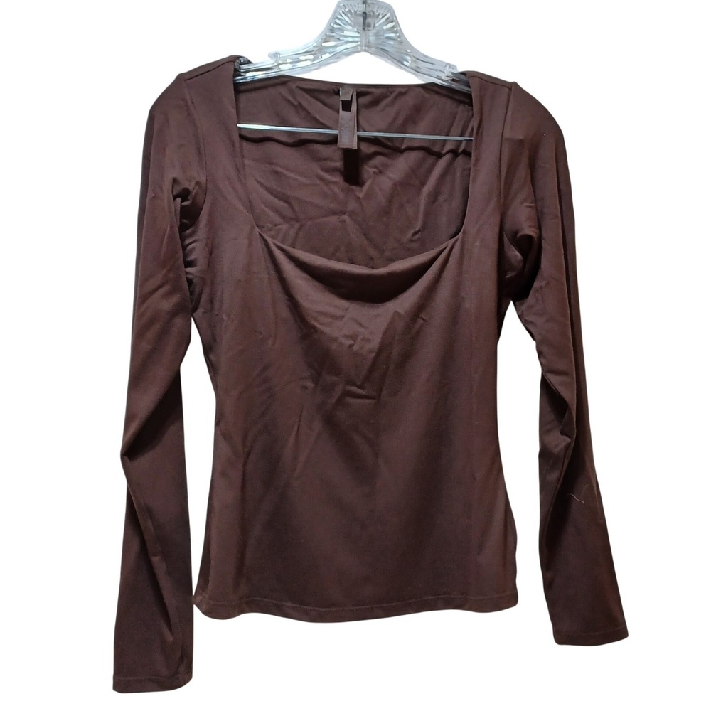 Skims Smooth Layers Womens M Square Neck Long Sleeve Top Brown Modal Minimalist